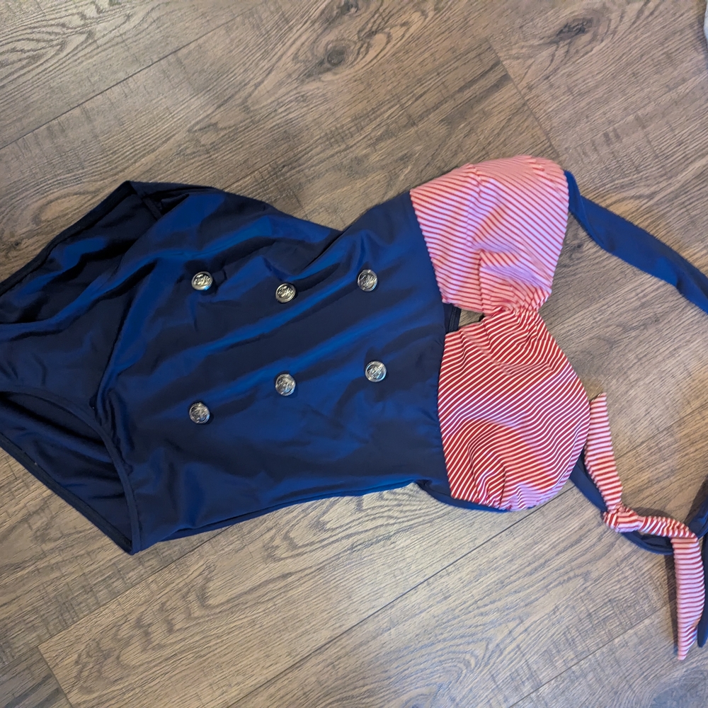 Navy and Red Striped Swimsuit